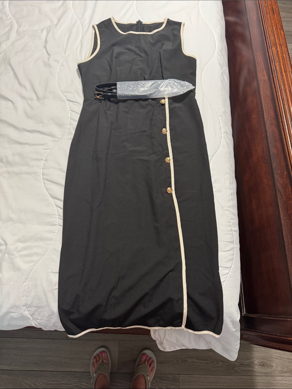 SHEIN Black Dress with Cream Trim and Gold Buttons - Picture 2 of 3